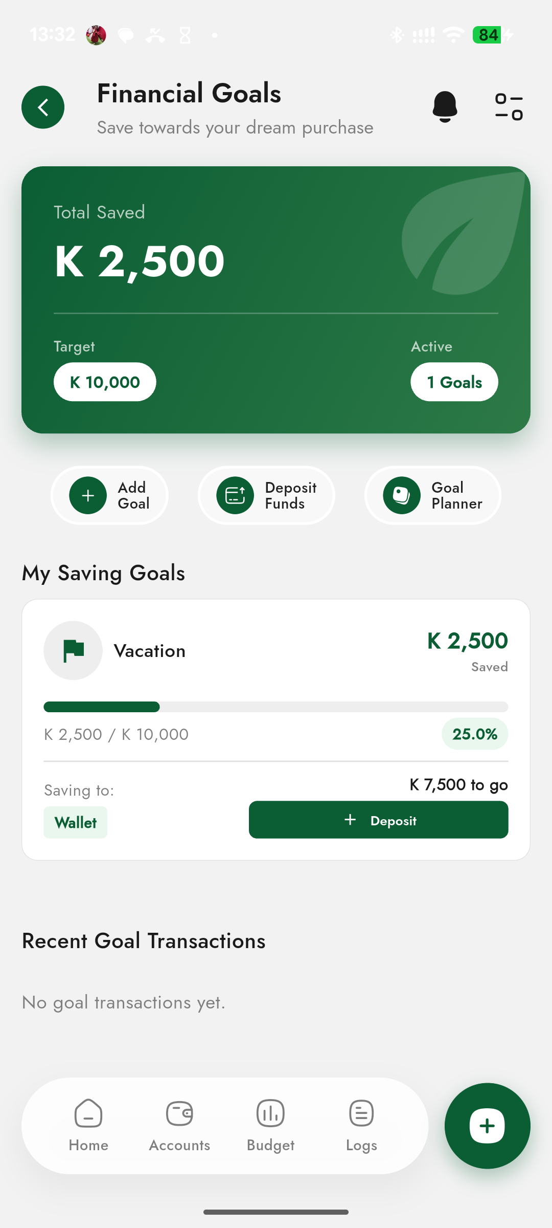 Goals Screen Mockup